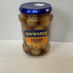 Welsh-style Haywards Pickled Onions in a 400g jar with blue lid, bold orange label; tangy, time-honored flavor for £1.99