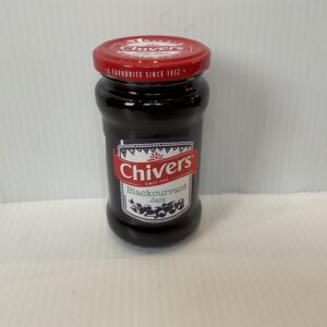 370g jar of Chivers Blackcurrant Jam with a vibrant red lid; classic British heritage, authentic fruit preserve, white ribbed backdrop.