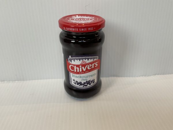 370g jar of Chivers Blackcurrant Jam with a vibrant red lid; classic British heritage, authentic fruit preserve, white ribbed backdrop.