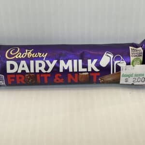 Certainly! Here’s an alt text revision based on your instructions: Irish Cadbury Fruit & Nut Bar, purple wrapper with gold Celtic knot, rich chocolate tradition, 49g snack with $2.00 label