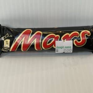 An Irish Mars 51g bar with a $2.00 Donegal Square sticker, celebrating authentic Celtic heritage on crisp white backdrop.