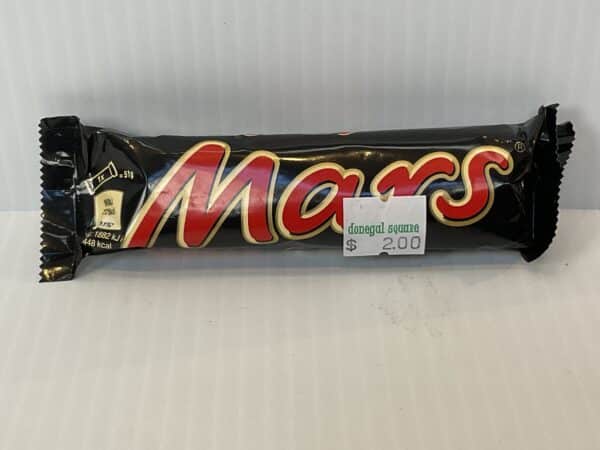 An Irish Mars 51g bar with a $2.00 Donegal Square sticker, celebrating authentic Celtic heritage on crisp white backdrop.