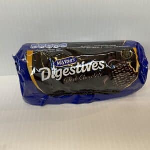 Authentic Scottish McVitie’s Digestives Dark Choc, 266g, in classic blue-brown tartan packaging on a white background.
