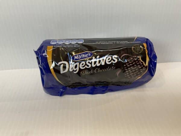 Authentic Scottish McVitie’s Digestives Dark Choc, 266g, in classic blue-brown tartan packaging on a white background.