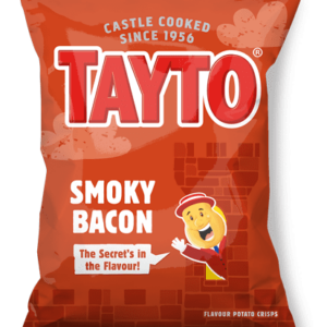Authentic Irish Tayto Smoky Bacon crisps in a vivid red packet, featuring Celtic mascot ‘Mr. Tayto’ and heritage logo.