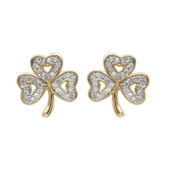 Irish-inspired 14k gold studs featuring four-leaf clover motif with heart cutout, .20ct sparkling accents; symbol of luck and love.