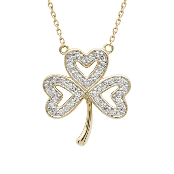Irish 14k gold necklace featuring a shamrock pendant with heart-shaped leaves, .20ct stones; symbol of luck and heritage.