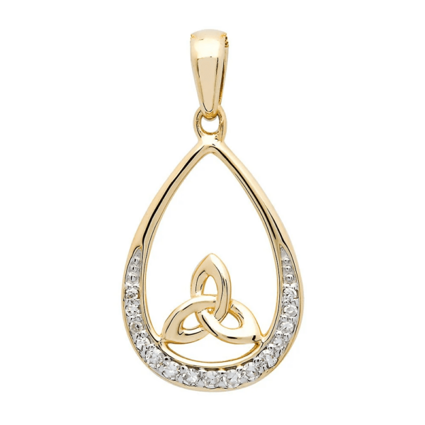 Irish 14K gold necklace featuring a Celtic Trinity knot and clear stones; symbolizes eternal life and heritage; elegant gift.