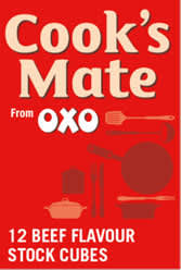 Welsh-inspired OXO Cook’s Mate red box with Celtic knot motifs, 12 rich beef cubes, evokes kitchen tradition and hearty home cooking.