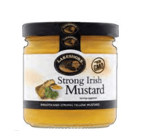 Irish mustard in a 200g Lakeshore jar with black lid, Celtic knot design, white label, Non-GMO—crafted for hearty flavor.