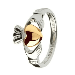 Irish Claddagh ring: sterling silver band with a 10K gold heart, crowned hands symbolizing love, loyalty, and friendship.