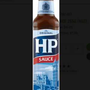 A 255g HP Sauce bottle with rich blue label, iconic British landmarks, and classic glass design; a beloved UK table staple.