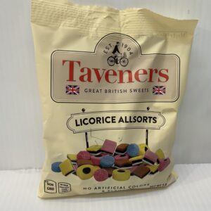 Taveners Liquorice Allsorts 165g in cream British packaging, with vibrant sweets, classic script, and nostalgic confectionery heritage.