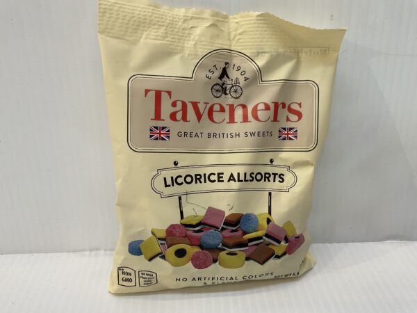 Taveners Liquorice Allsorts 165g in cream British packaging, with vibrant sweets, classic script, and nostalgic confectionery heritage.