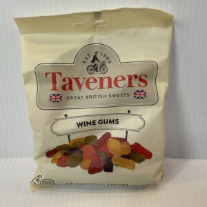 Irish-inspired Taveners Wine Gums 165g bag, vibrant candies in classic hues on a nostalgic British-style vintage label.