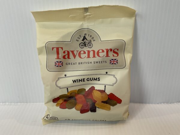 Irish-inspired Taveners Wine Gums 165g bag, vibrant candies in classic hues on a nostalgic British-style vintage label.