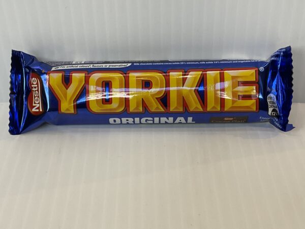 Classic Yorkie chocolate bar in iconic blue wrapper, echoing original Scottish branding; a beloved treat celebrating UK heritage.