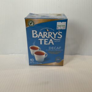 Sure! Heres an optimized alt text based on your specifications: Irish Barry’s Decaf Tea box (40 bags), classic red/green Celtic knotwork, two cups, cozy tradition for $7.95