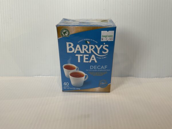 Sure! Heres an optimized alt text based on your specifications: Irish Barry’s Decaf Tea box (40 bags), classic red/green Celtic knotwork, two cups, cozy tradition for $7.95