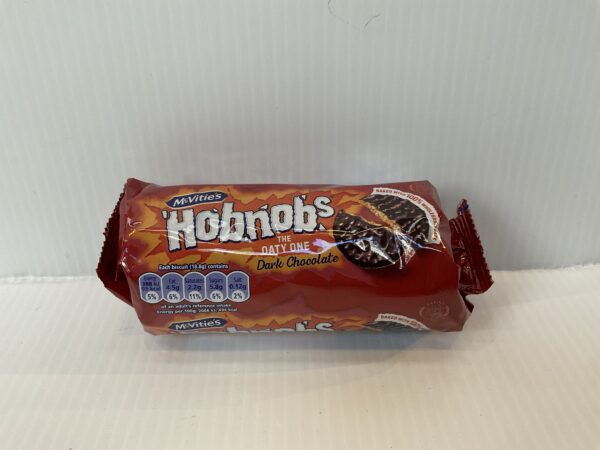McVitie’s Hobnobs Dark Chocolate 262g pack, Scottish-made oat biscuits in iconic blue tartan design, symbolizing heritage.