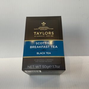 Scottish black tea, Taylors Scottish Breakfast, in 20ct box with tartan pattern, red and green, individually wrapped bags