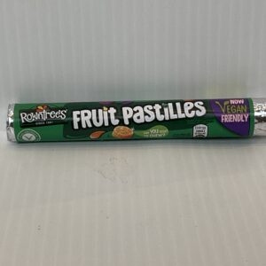 A classic British Fruit Pastilles tube, in vibrant green vegan-friendly wrap, evokes nostalgic sweet shop traditions on a white background.