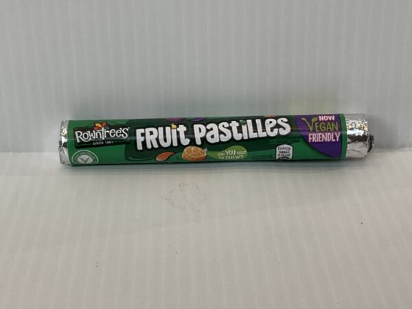 A classic British Fruit Pastilles tube, in vibrant green vegan-friendly wrap, evokes nostalgic sweet shop traditions on a white background.