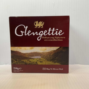Glengettie Welsh tea: vibrant red box with Welsh dragon, Celtic knots, landscape art; 80 black tea bags, authentic heritage brew