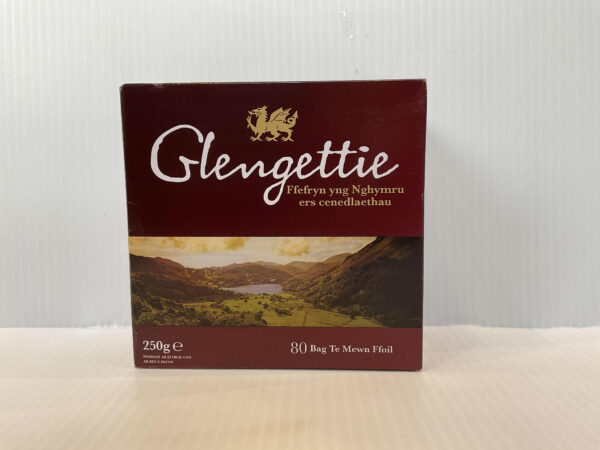 Glengettie Welsh tea: vibrant red box with Welsh dragon, Celtic knots, landscape art; 80 black tea bags, authentic heritage brew