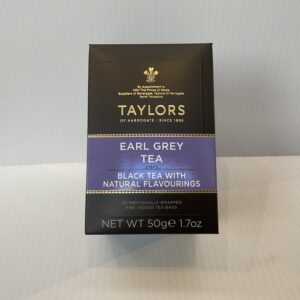 Taylors of Harrogate English Earl Grey tea box, featuring classic British design, deep navy hues, and elegant gold accents.
