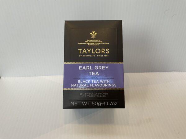 Taylors of Harrogate English Earl Grey tea box, featuring classic British design, deep navy hues, and elegant gold accents.