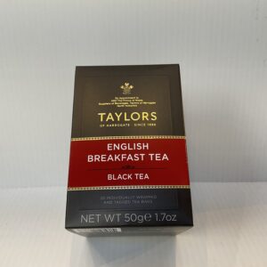 Taylors English Breakfast tea box with ornate gold accents and Celtic-inspired motifs, evoking classic British tea heritage.
