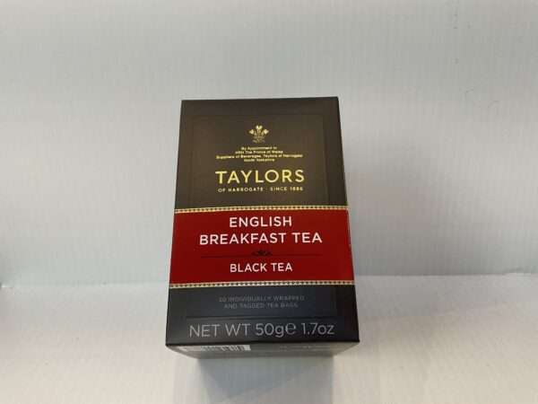 Taylors English Breakfast tea box with ornate gold accents and Celtic-inspired motifs, evoking classic British tea heritage.