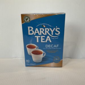 Irish Barry’s Decaf Tea, 80ct box, features iconic green hues and heritage gold trim; two steaming teacups evoke Irish tradition.