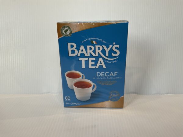 Irish Barry’s Decaf Tea, 80ct box, features iconic green hues and heritage gold trim; two steaming teacups evoke Irish tradition.