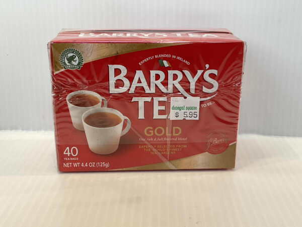 Barry’s Irish Gold Blend Tea 40ct in its classic green box with Celtic knotwork, celebrated for rich tradition and comforting flavor.