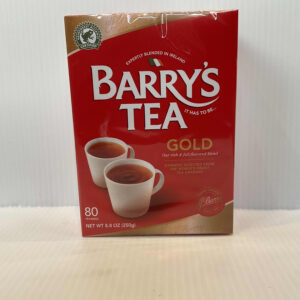 Barry’s Irish Gold Blend Tea box, 80ct, 8.8 oz, features Celtic knotwork and teacups on rich green packaging; iconic Irish tradition.