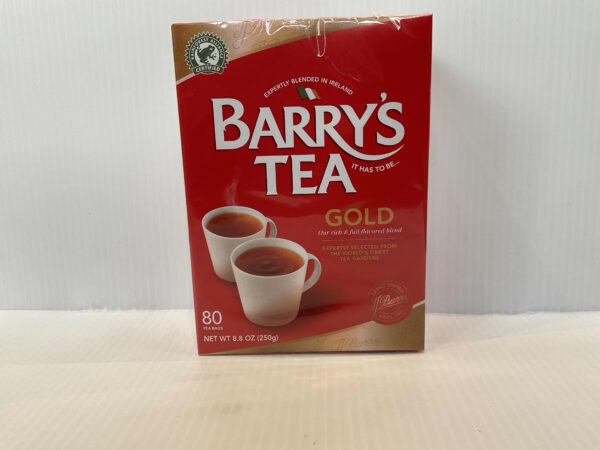 Barry’s Irish Gold Blend Tea box, 80ct, 8.8 oz, features Celtic knotwork and teacups on rich green packaging; iconic Irish tradition.