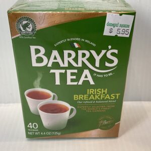 Barry’s Irish Green Breakfast Tea box (40ct) with two porcelain cups, Celtic knotwork, rich green hues, $5.95 price tag