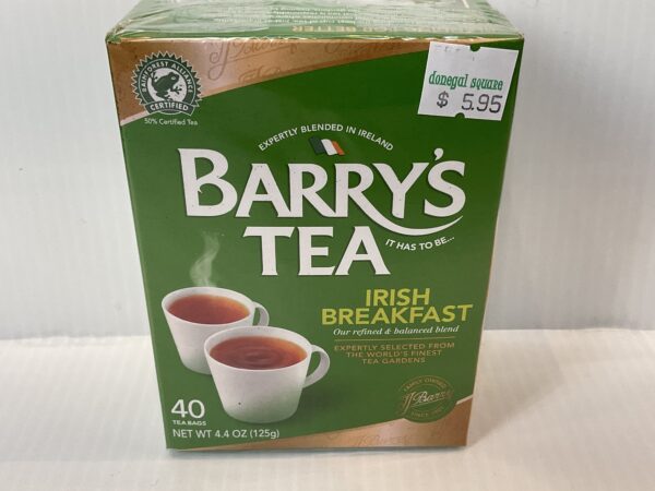 Barry’s Irish Green Breakfast Tea box (40ct) with two porcelain cups, Celtic knotwork, rich green hues, $5.95 price tag