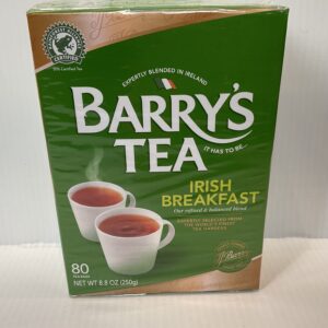 Irish Barrys Green Breakfast Tea box (80ct), with classic Celtic knotwork, rich green hues, and two inviting porcelain tea cups.