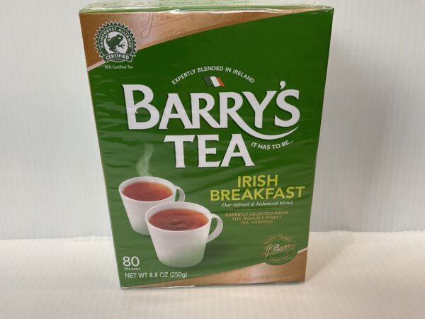 Irish Barrys Green Breakfast Tea box (80ct), with classic Celtic knotwork, rich green hues, and two inviting porcelain tea cups.