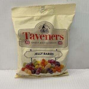 Taveners Jelly Babies 165g—Classic English sweets in vintage cream packet, bold jelly candies, and heritage design evoke British nostalgia.