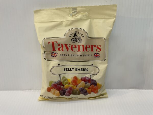 Taveners Jelly Babies 165g—Classic English sweets in vintage cream packet, bold jelly candies, and heritage design evoke British nostalgia.